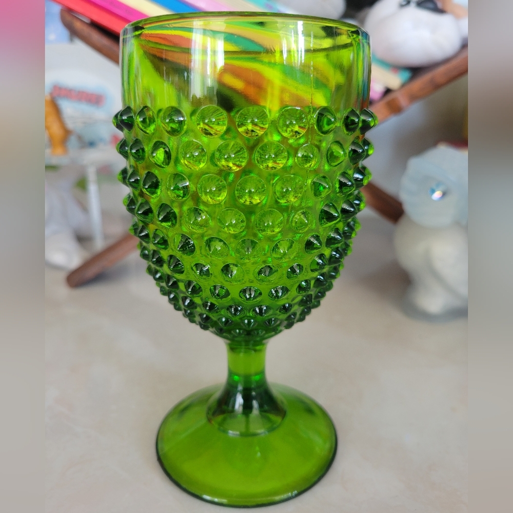 Green Hobnail Glass Goblet